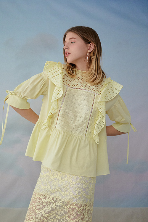 Cotton lace mixed blouse (Yellow)
